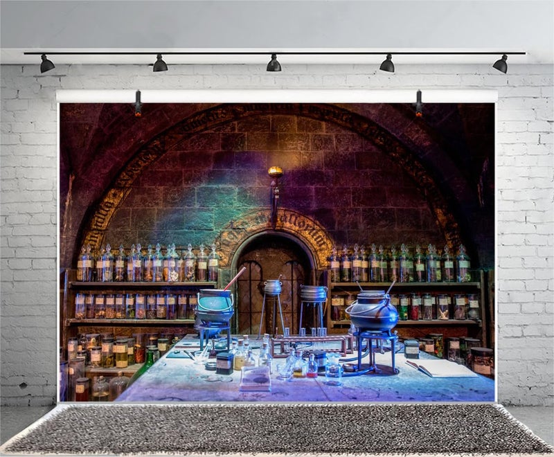 AOFOTO 7x5ft Chemistry Laboratory Background Scary Halloween Party Decorations Spooky Witch's Room Glass Bottles Agentia Black Magic Lab Backdrop Hallowmas Photo Studio Props Vinyl - Image 4